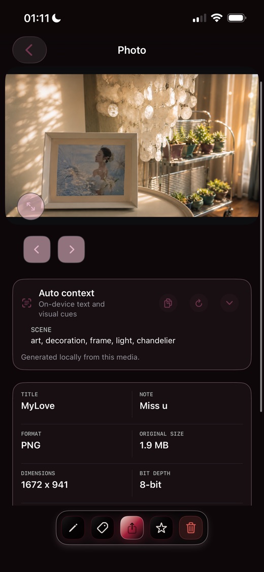 Senvra photo details showing on-device Auto Context, title, note, format, and dimensions