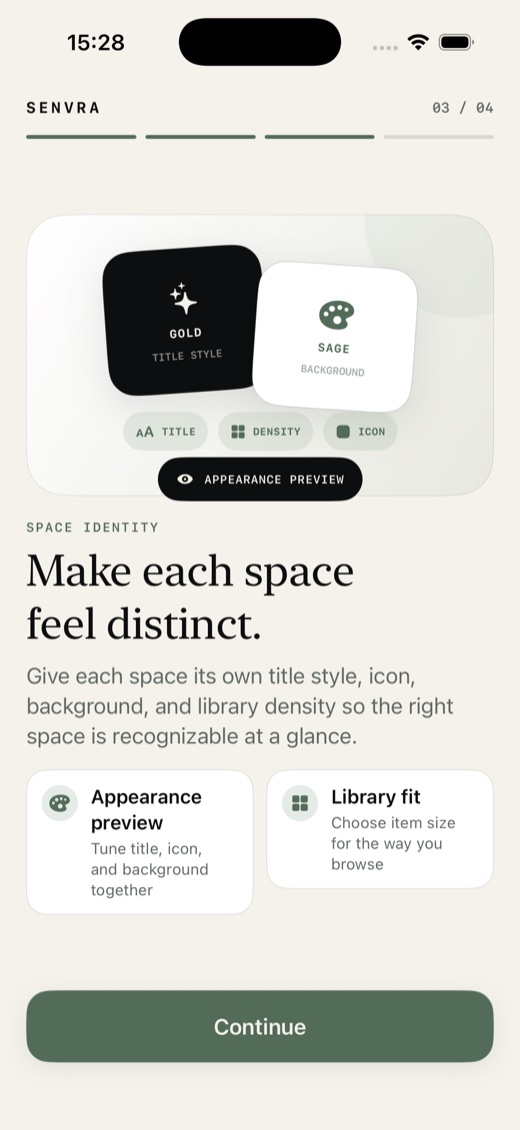 Senvra introduction explaining title, icon, background, and density personalization