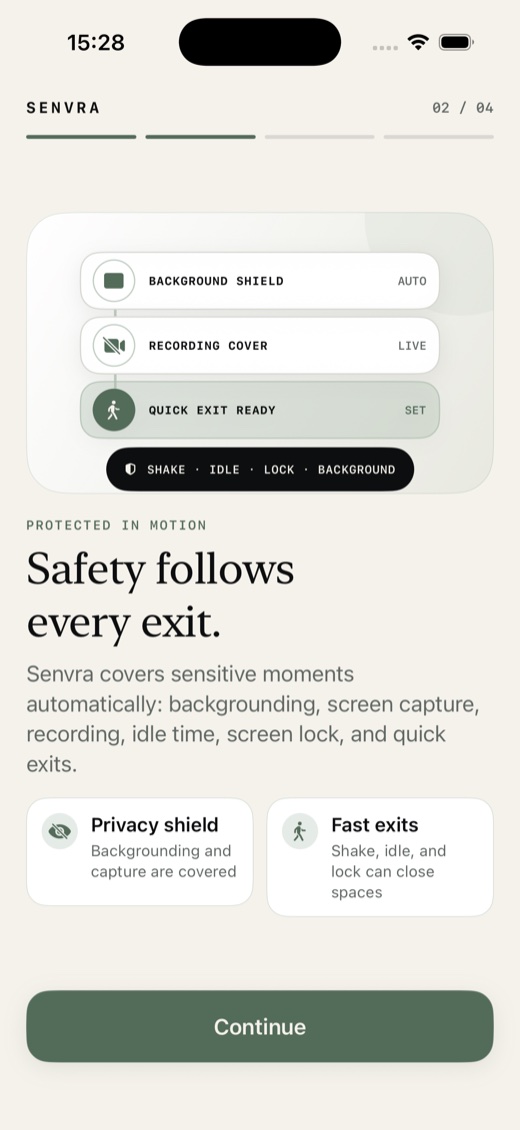 Senvra safety overview showing privacy shield, recording cover, and quick exit