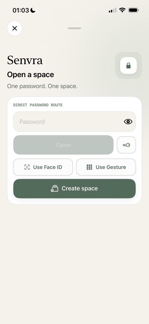 Senvra direct password route with Face ID and gesture access