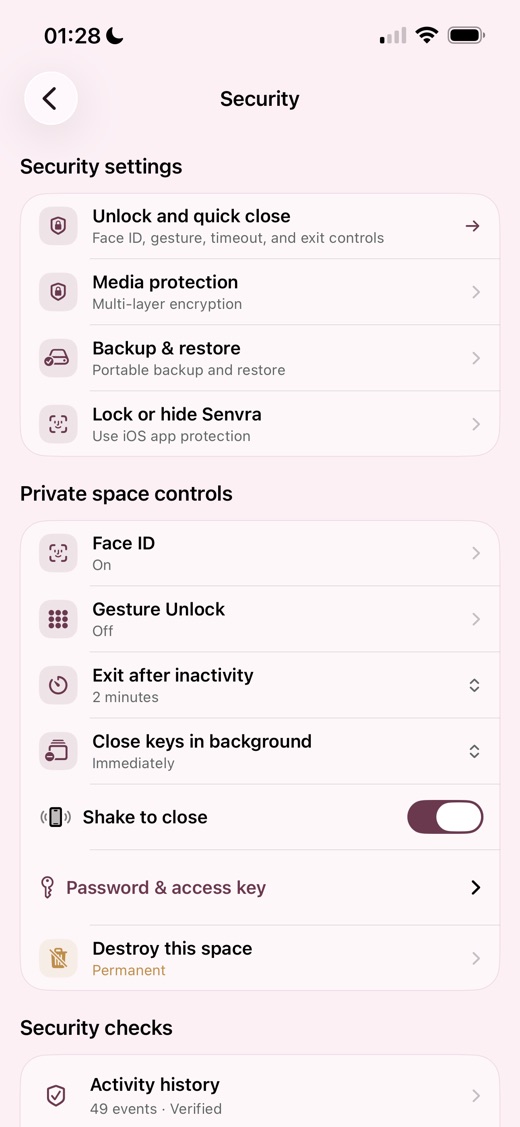 Senvra security controls for unlock, quick close, backup, and integrity