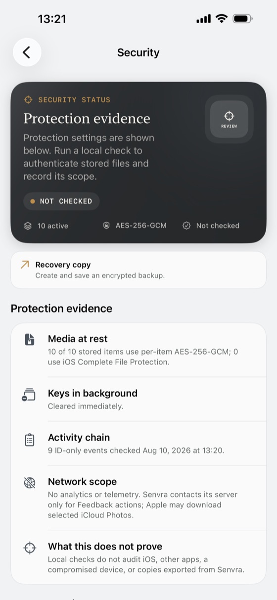 Senvra Security screen showing protection evidence